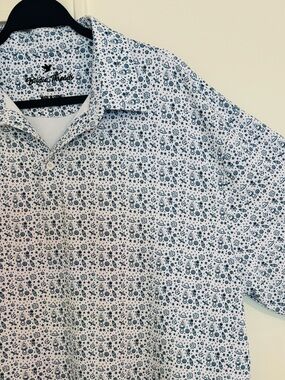 Men's White Short-Sleeve Polo with Navy Space Themed Print - Moisture Wicking